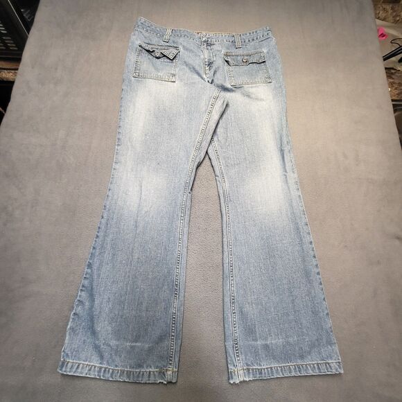 Vintage Navy Jeans Womens 16 Blue Boot Cut Distressed Denim Front Flap Pockets - Picture 1 of 14